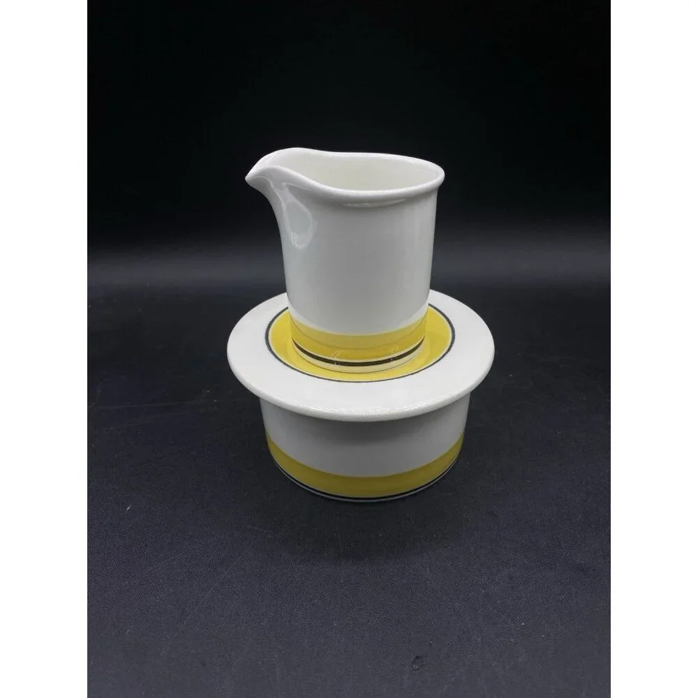 Arabia of Finland Faenza Yellow & Black Stripe Vintage Covered Sugar & Creamer